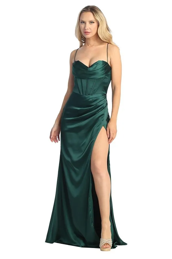 LF 7854 - Stretch Satin Fit & Flare Prom Gown with Boned Cowl Neck Bodice Open Corset Back & Leg Slit