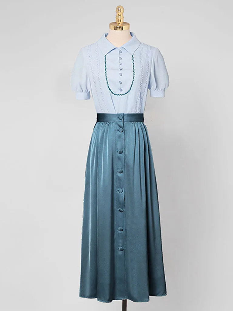 Light Blue Turn Collar Shirt And Lake Blue Skirt Set