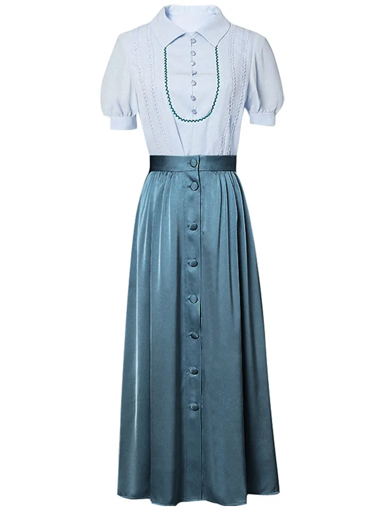 Light Blue Turn Collar Shirt And Lake Blue Skirt Set
