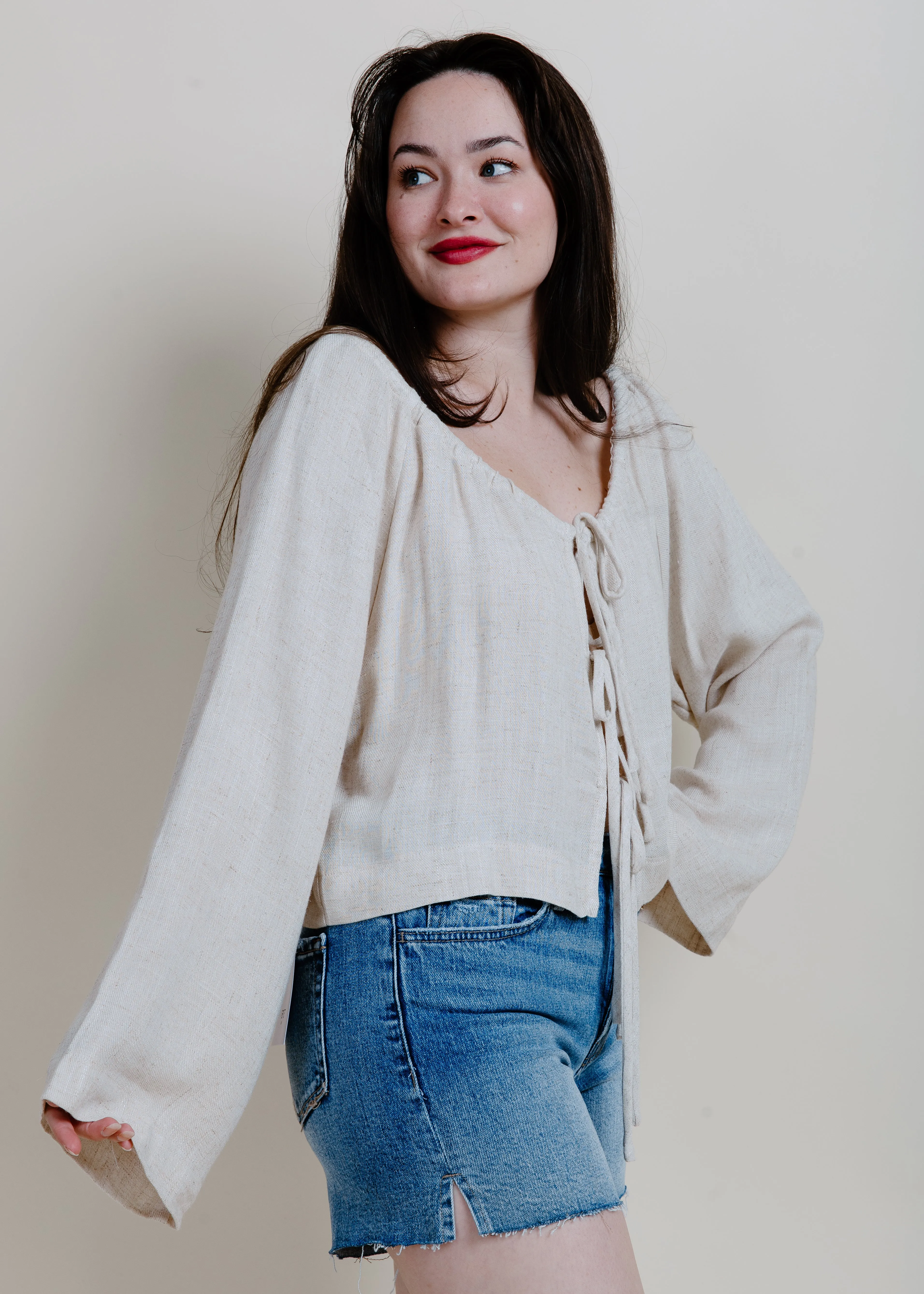 Little Miss Tie Front Top - Linen