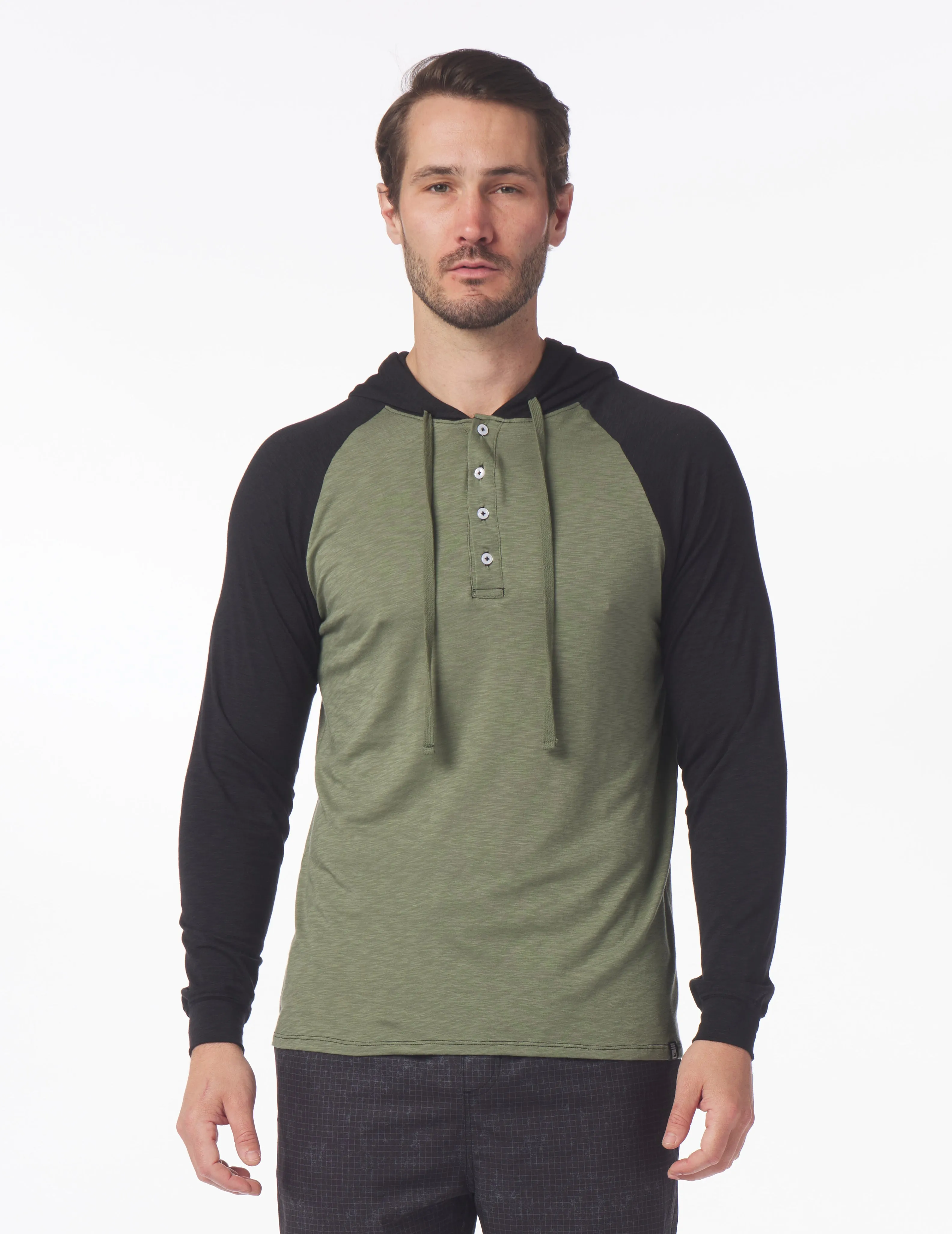 Low Tide Henley Hoodie: Moss/Black
