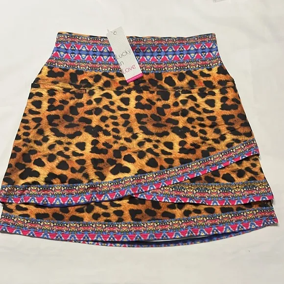 Lucky in Love Leopard Print Scallop A-Line 14 inch Skort Size S NWT