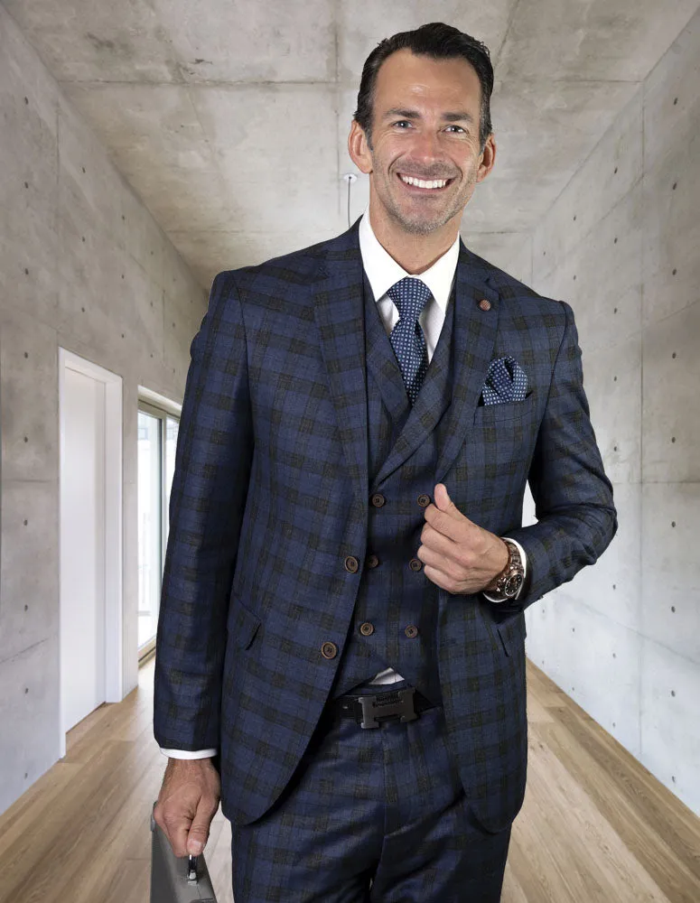 MATIAS NAVY 3 PC PLAID MODERN FIT SUIT