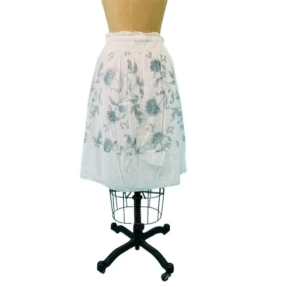 Max Studio Skirt Women's Extra Small Cotton Drawstring White Blue Embroidered
