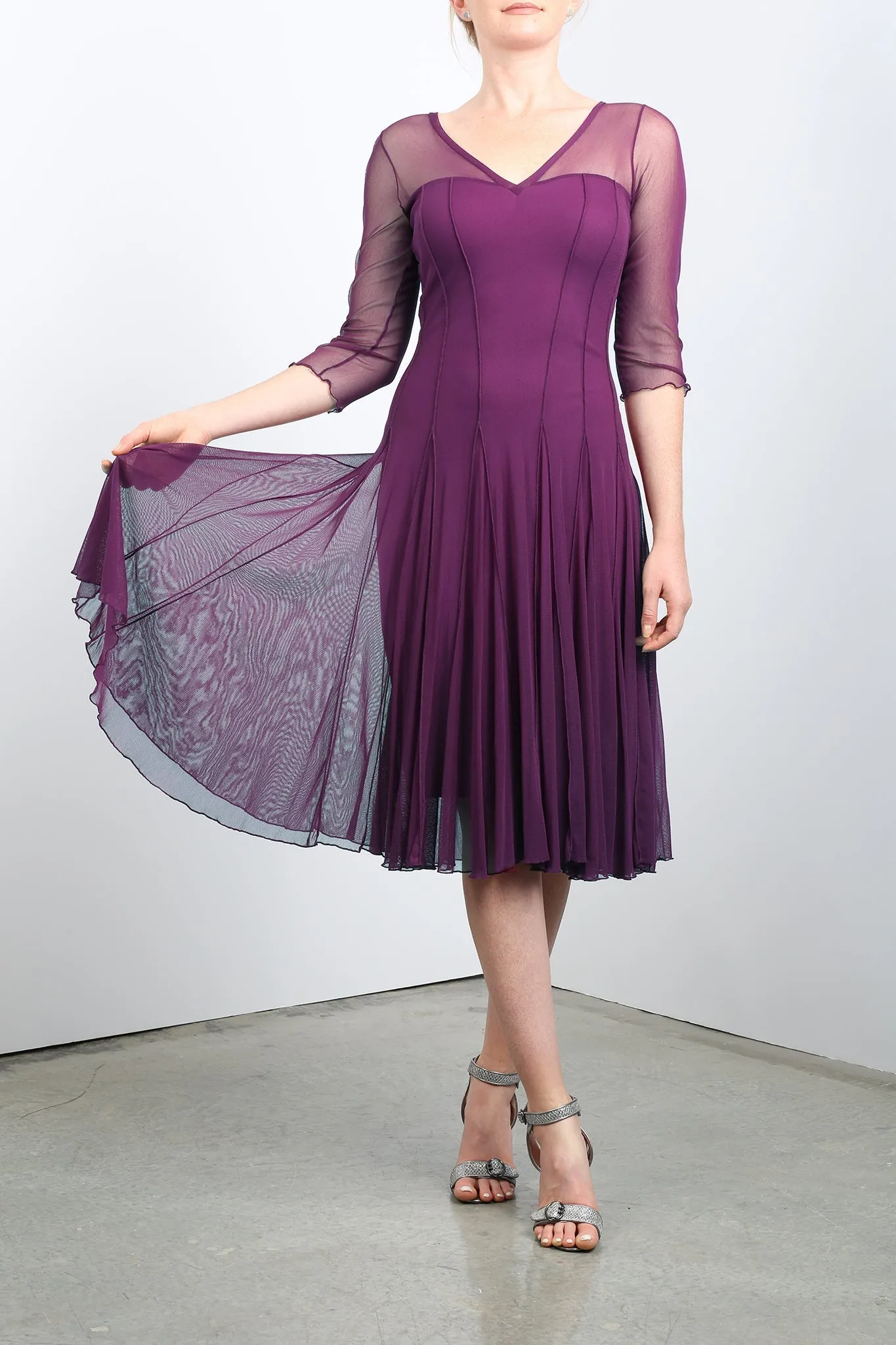 MAXIMA  Fit and Flare 3/4 Sleeves Paneled Dress Plum