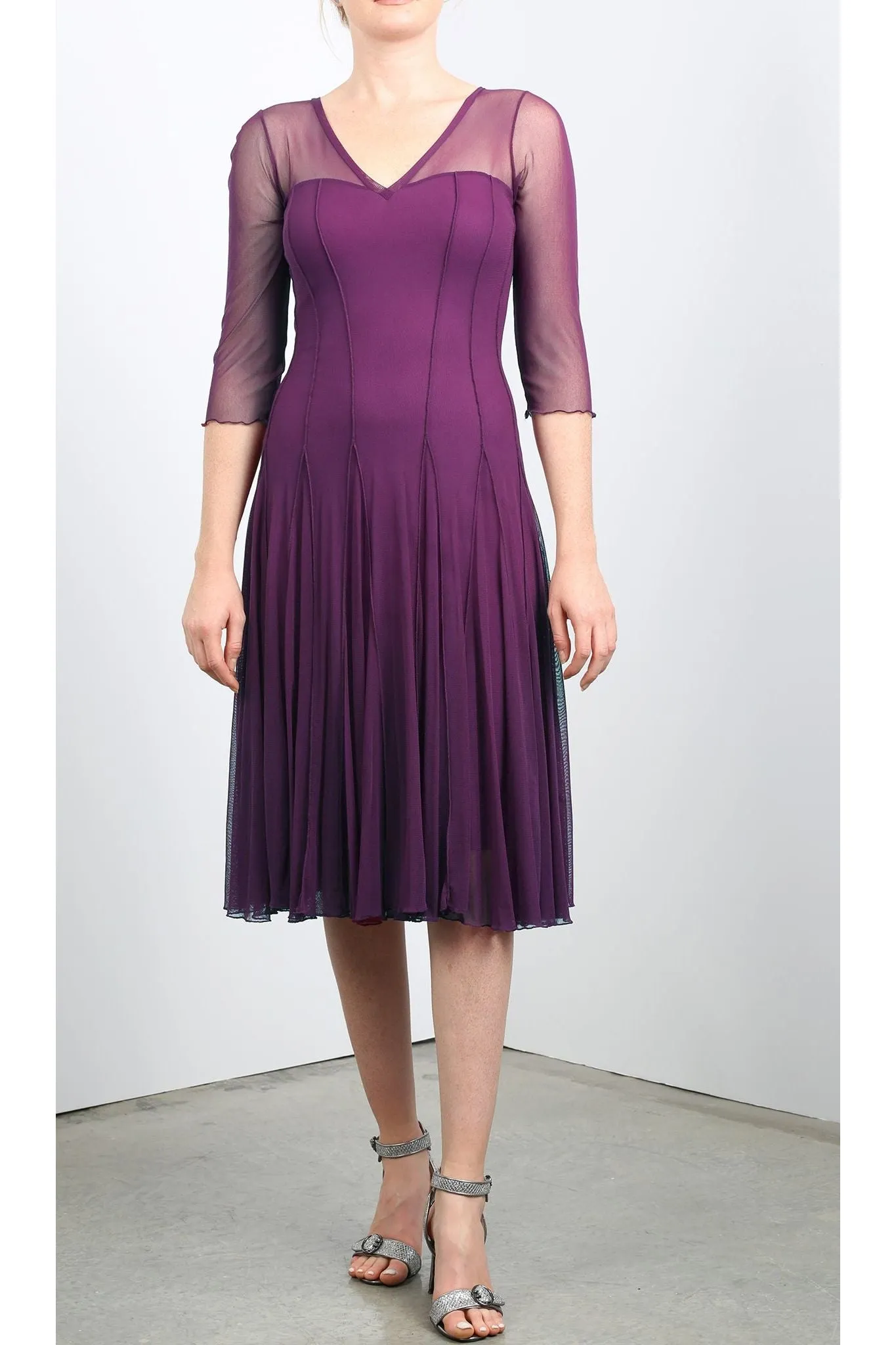 MAXIMA  Fit and Flare 3/4 Sleeves Paneled Dress Plum