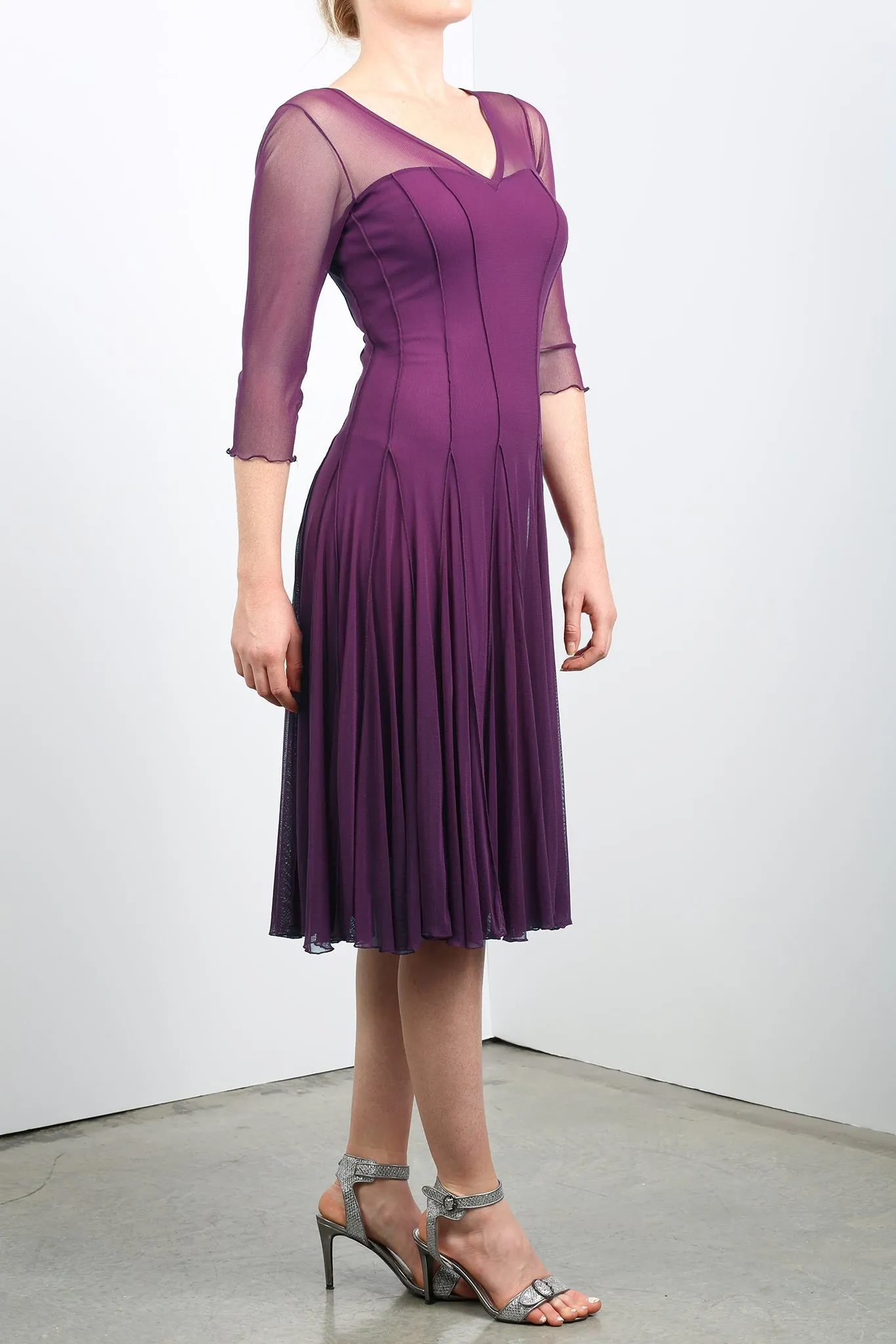 MAXIMA  Fit and Flare 3/4 Sleeves Paneled Dress Plum