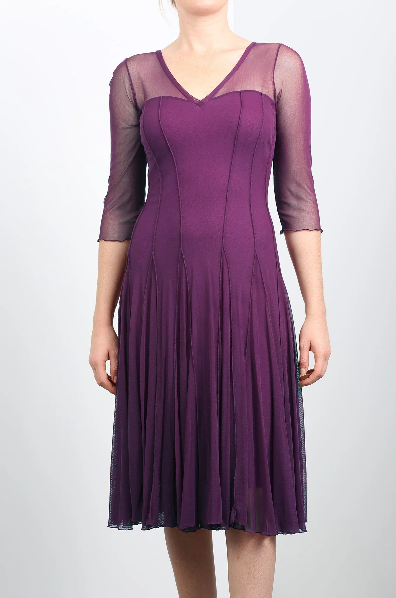 MAXIMA  Fit and Flare 3/4 Sleeves Paneled Dress Plum