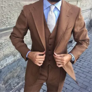 Men's Brown 3 PC Suit (Jacket Pant Vest Tie) Up To 6XL