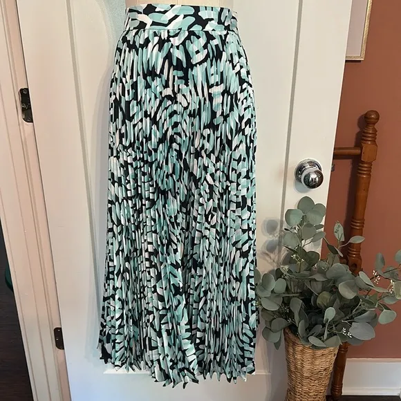 Milly | turquoise black white | pleated | brushstroke pattern | midi | 0 | skirt