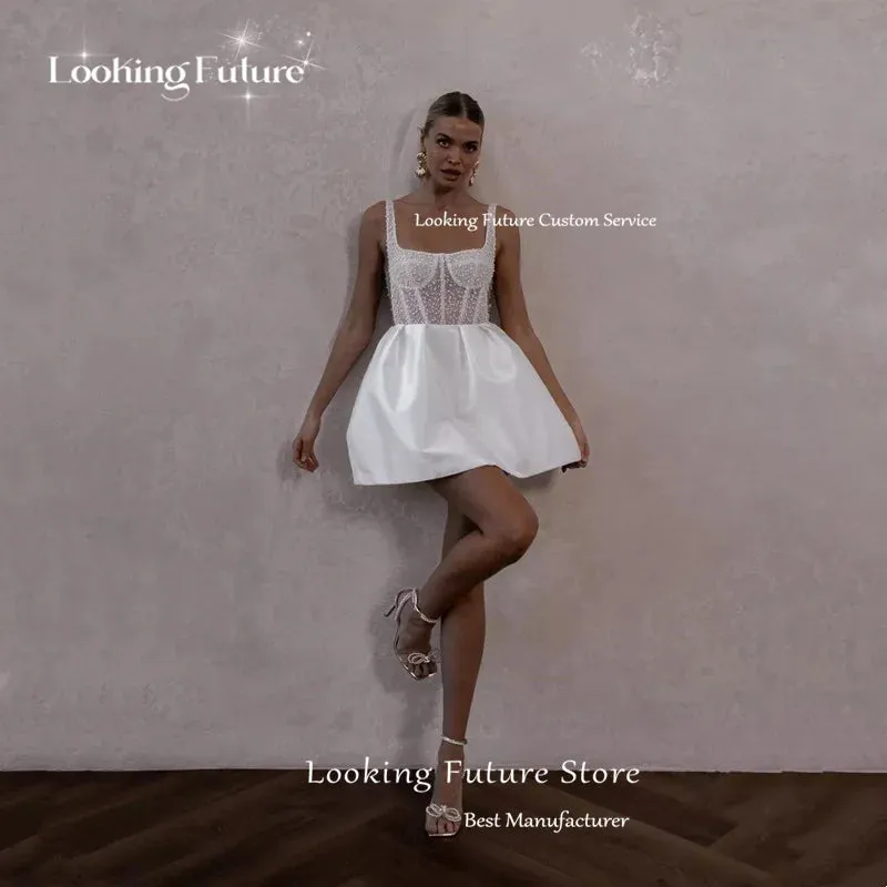 Mini Ball Gown High Waist White Wedding Dress Square Collar Pearls