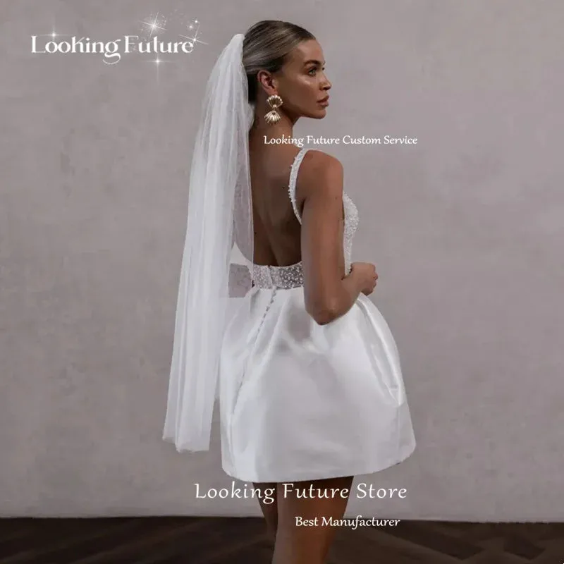 Mini Ball Gown High Waist White Wedding Dress Square Collar Pearls