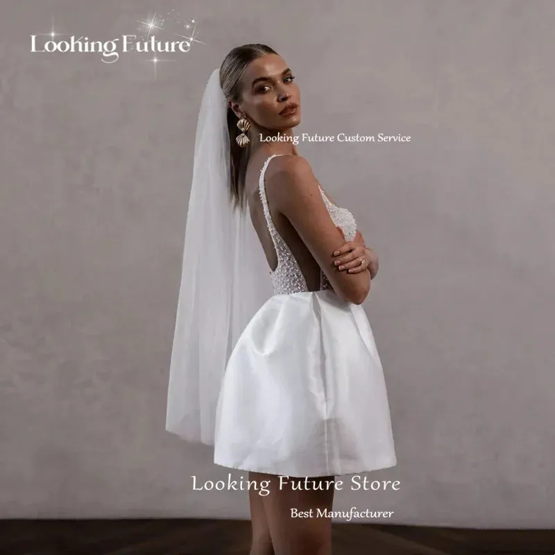 Mini Ball Gown High Waist White Wedding Dress Square Collar Pearls