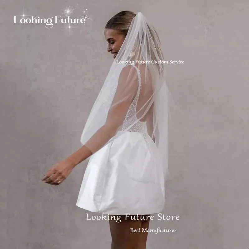 Mini Ball Gown High Waist White Wedding Dress Square Collar Pearls