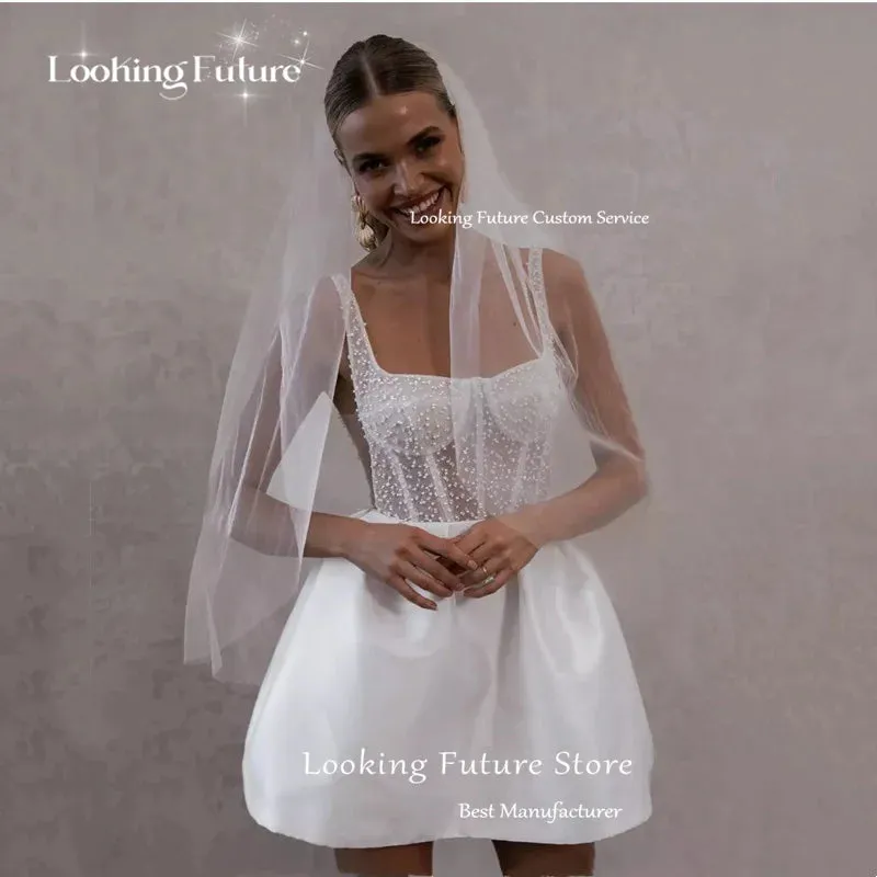 Mini Ball Gown High Waist White Wedding Dress Square Collar Pearls