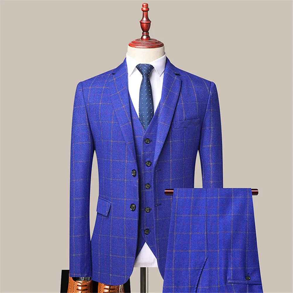 Modern Royal Blue Classic Plaid Slim Fit Formal Men Suits