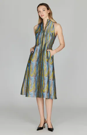 Moire Jacquard High Neck Fit & Flare Dress
