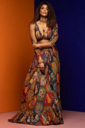 Multicolor Flowy Lehenga & Cape Set