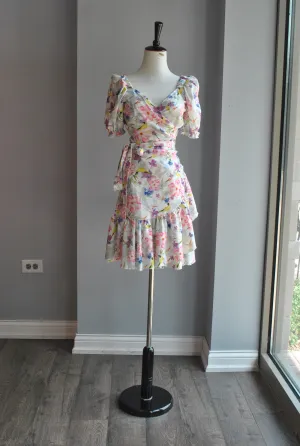 MULTICOLOR WRAP SUMMER DRESS WITH SHORT SLEEVES