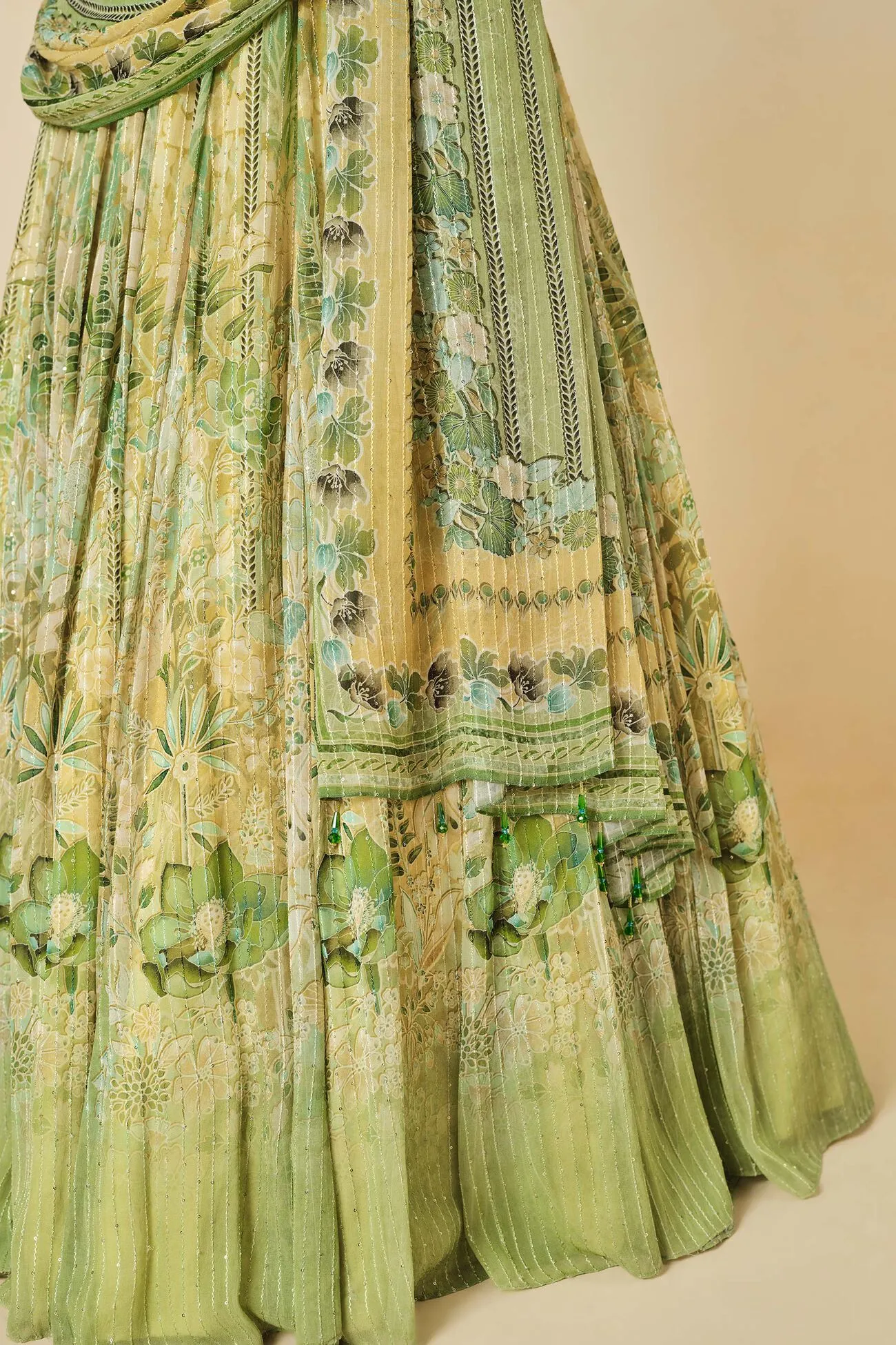 MYUNA SEQUIN GEORGETTE LEHENGA - SAGE