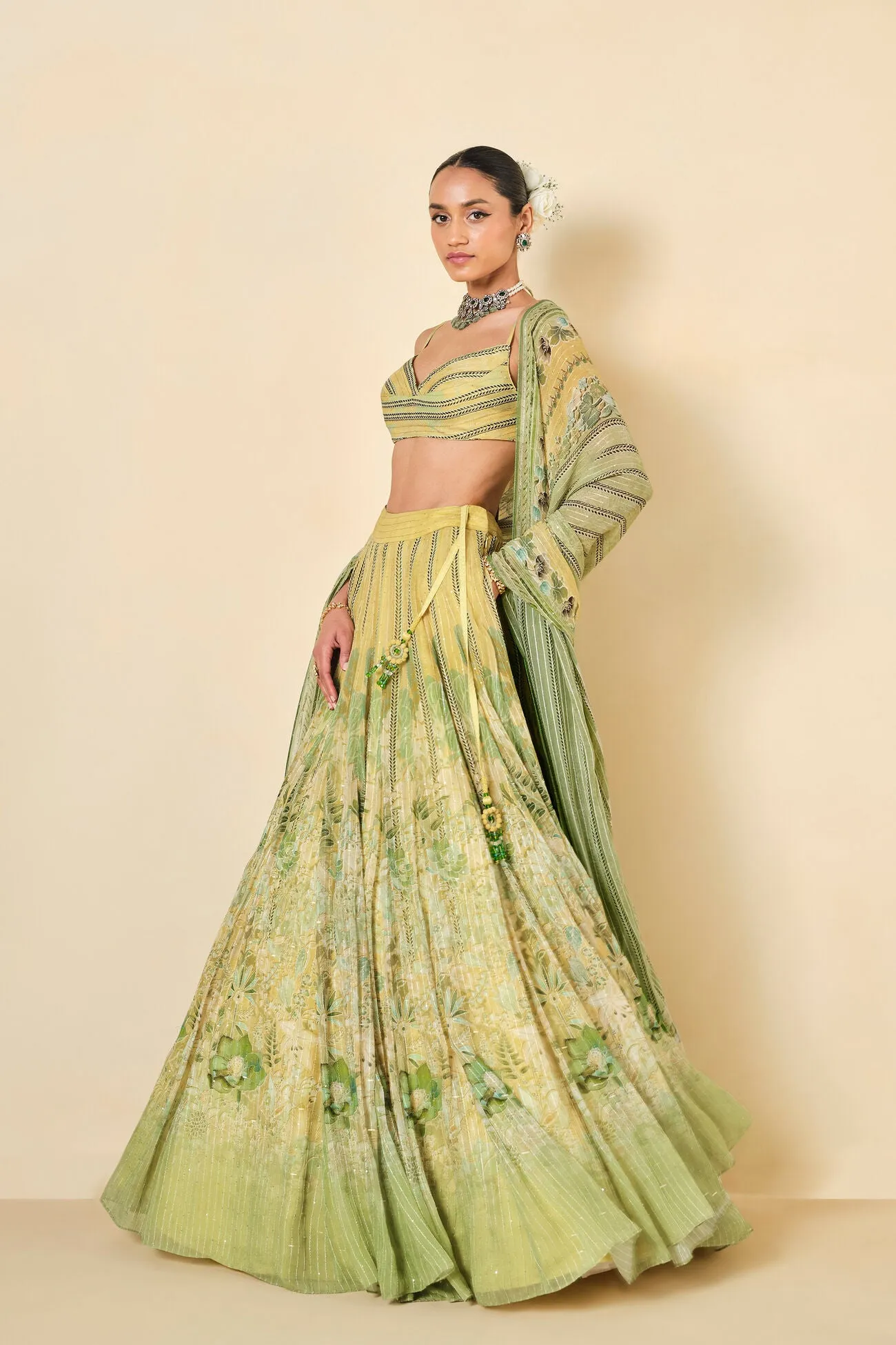 MYUNA SEQUIN GEORGETTE LEHENGA - SAGE
