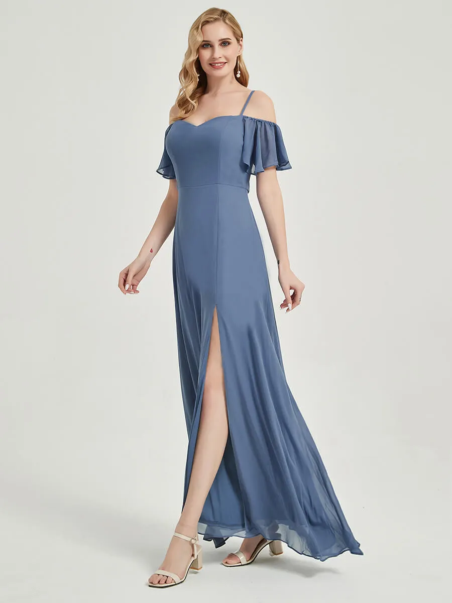 Navy Blue Spaghetti Straps A-Line Bridesmaid Dress With High Split