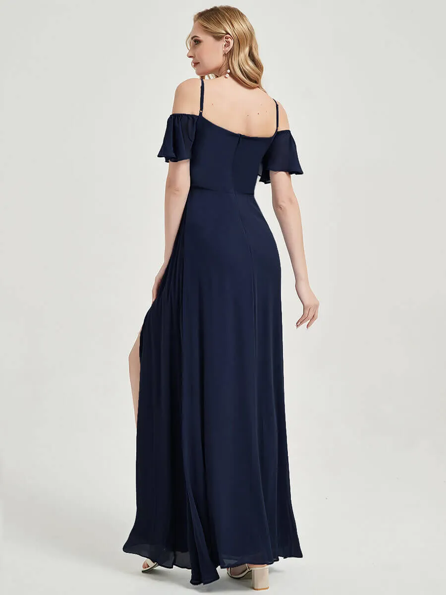 Navy Blue Spaghetti Straps A-Line Bridesmaid Dress With High Split