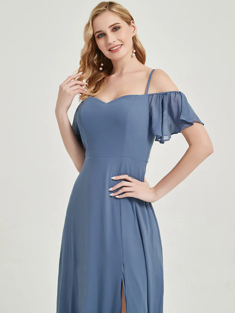 Navy Blue Spaghetti Straps A-Line Bridesmaid Dress With High Split
