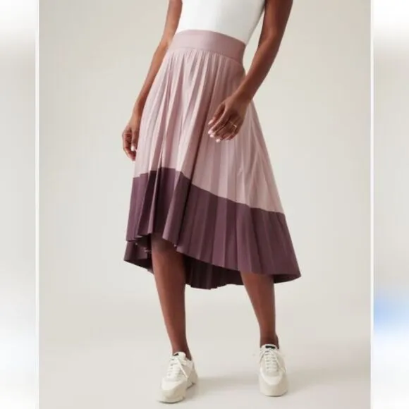 New  ATHLETA 2022 Color Block Swing Foward Pleated High Low Midi Athletic Skirt