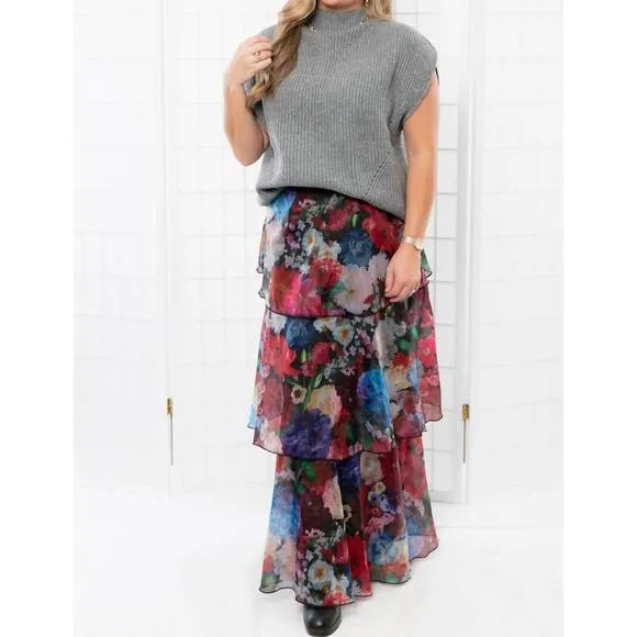 NEW EN CREME sonora floral tiered maxi skirt in deep blue