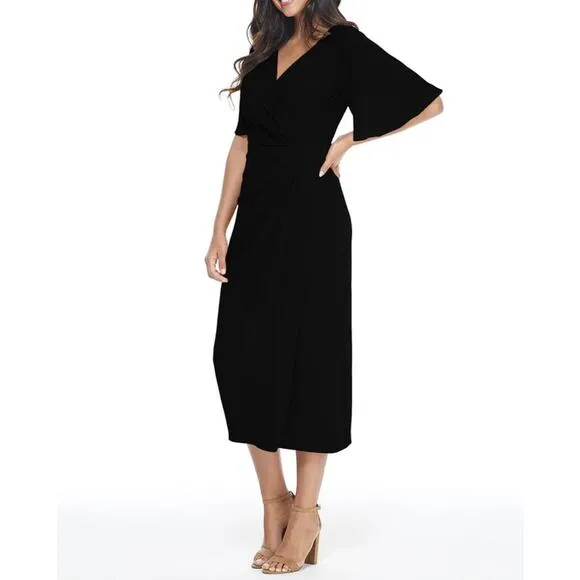 New  ~ MAGGY LONDON ~ Payton Wrap Side Drape Midi Dress Size 4 Ret  $128