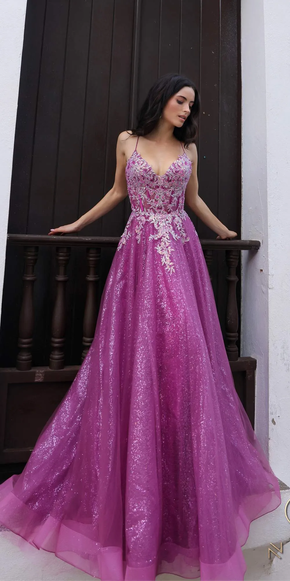 Nox Anabel C1407 Long V-Neck Thin Strap Glitter A-Line Tulle Gown