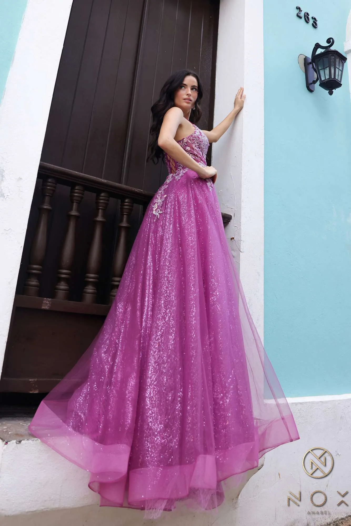 Nox Anabel C1407 Long V-Neck Thin Strap Glitter A-Line Tulle Gown