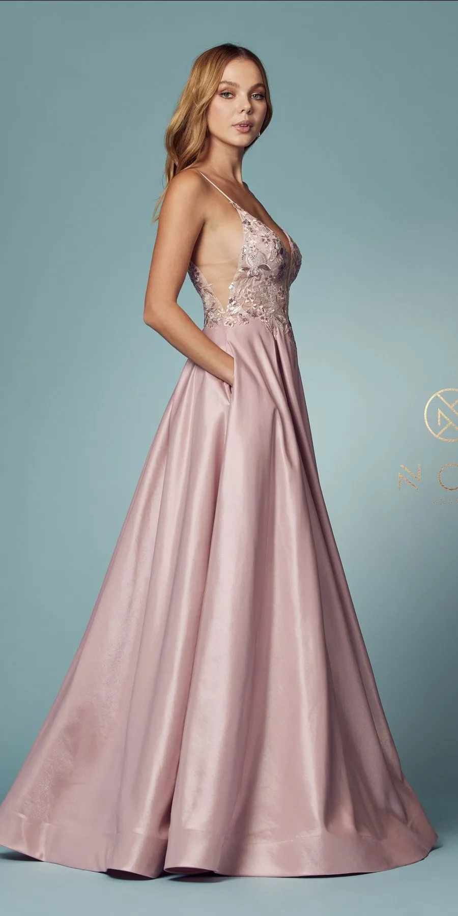 Nox Anabel E1004 Long A-Line Iridescent Formal Gown