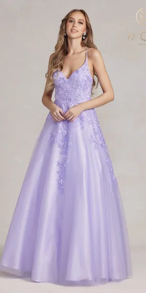 Nox Anabel E1178 Long A-Line Glitter Tulle Gown Embroidered Bodice