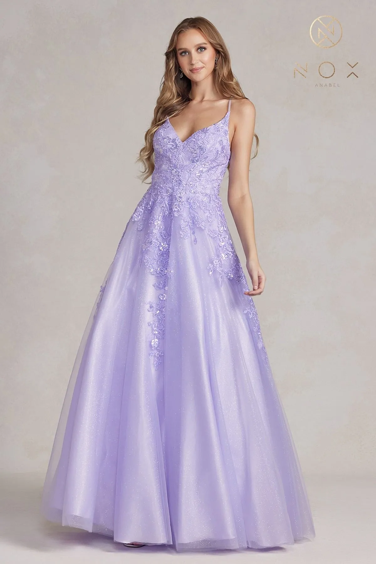 Nox Anabel E1178 Long A-Line Glitter Tulle Gown Embroidered Bodice