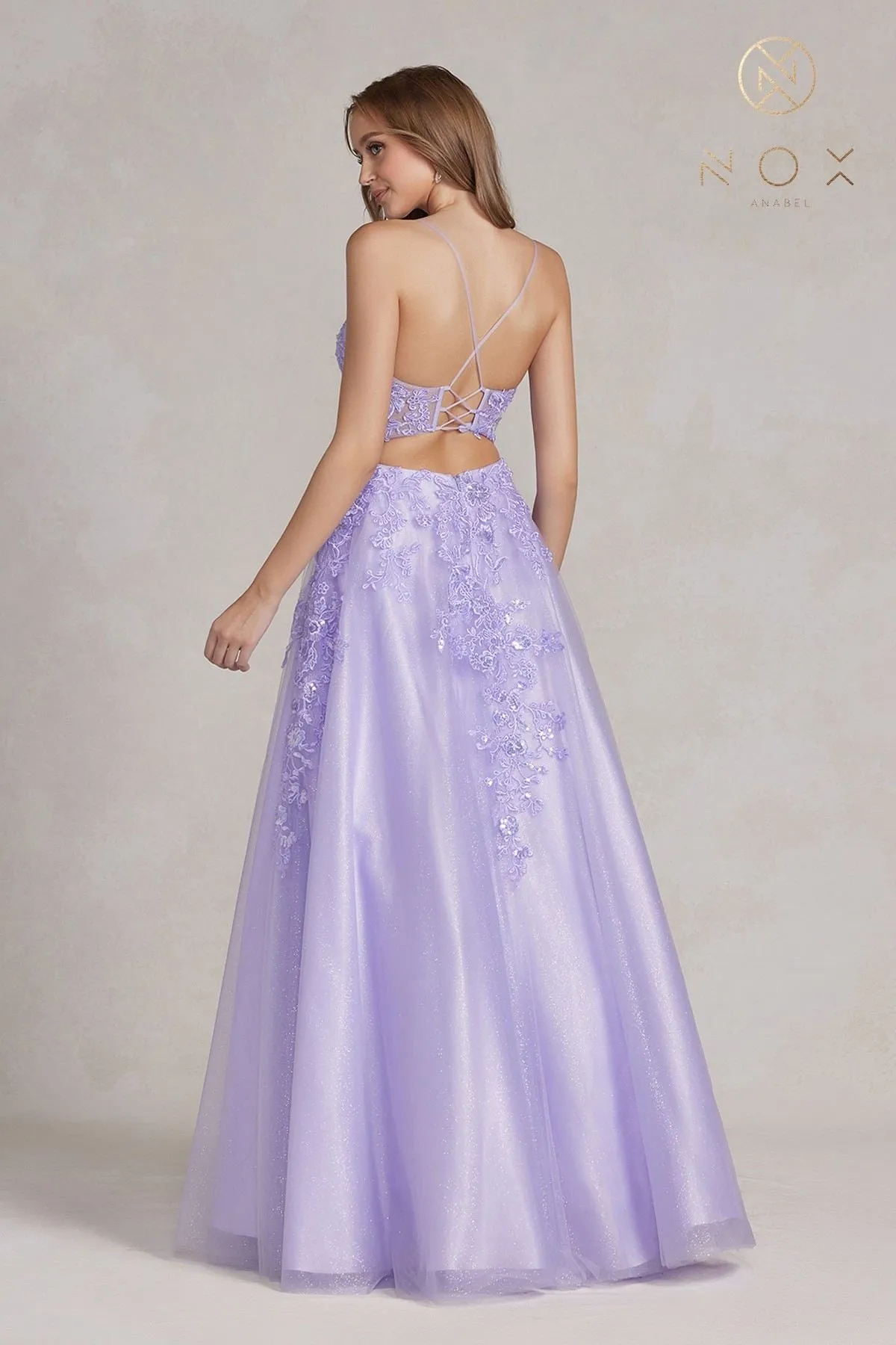 Nox Anabel E1178 Long A-Line Glitter Tulle Gown Embroidered Bodice