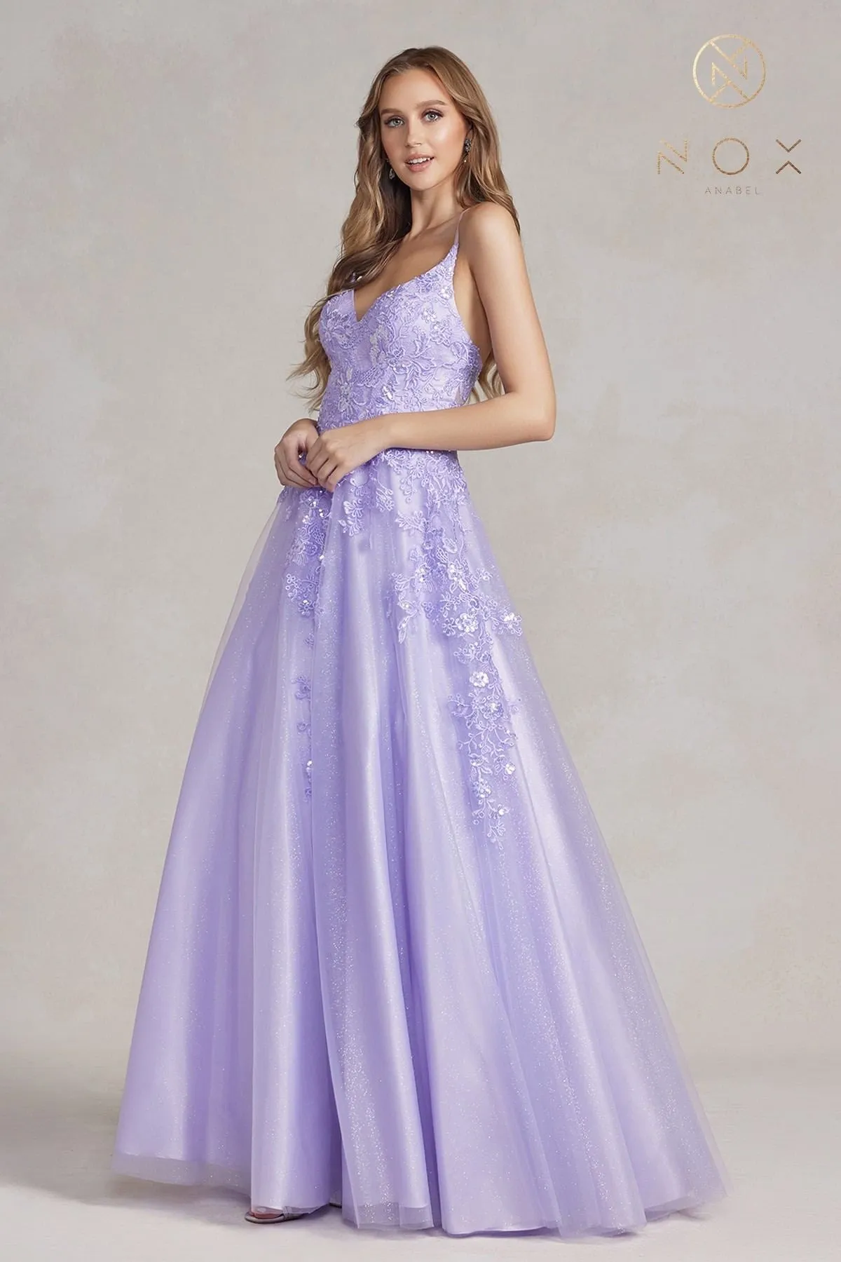 Nox Anabel E1178 Long A-Line Glitter Tulle Gown Embroidered Bodice