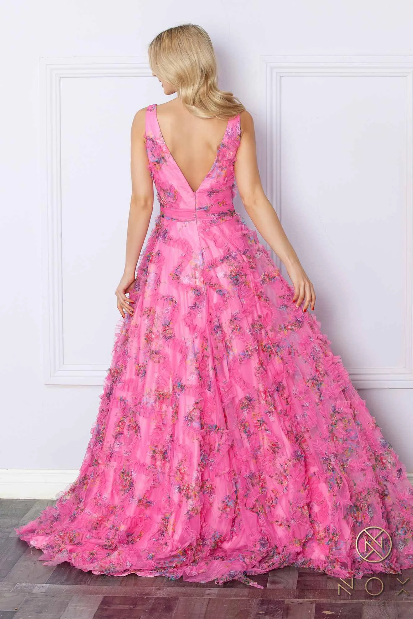 Nox Anabel E1445 Long A-Line V-Neck Floral Print Evening Gown