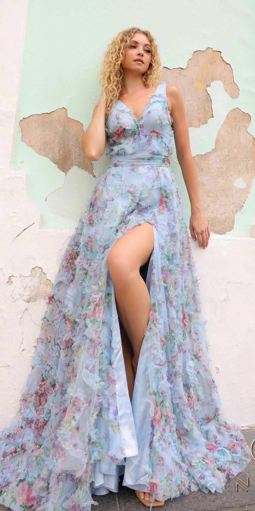 Nox Anabel E1445 Long A-Line V-Neck Floral Print Evening Gown