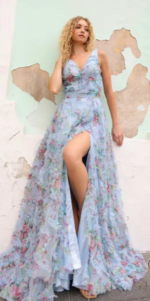 Nox Anabel E1445 Long A-Line V-Neck Floral Print Evening Gown