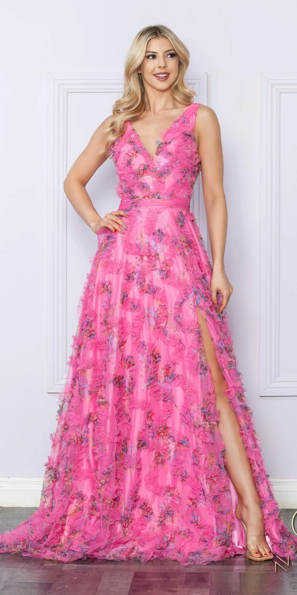Nox Anabel E1445 Long A-Line V-Neck Floral Print Evening Gown