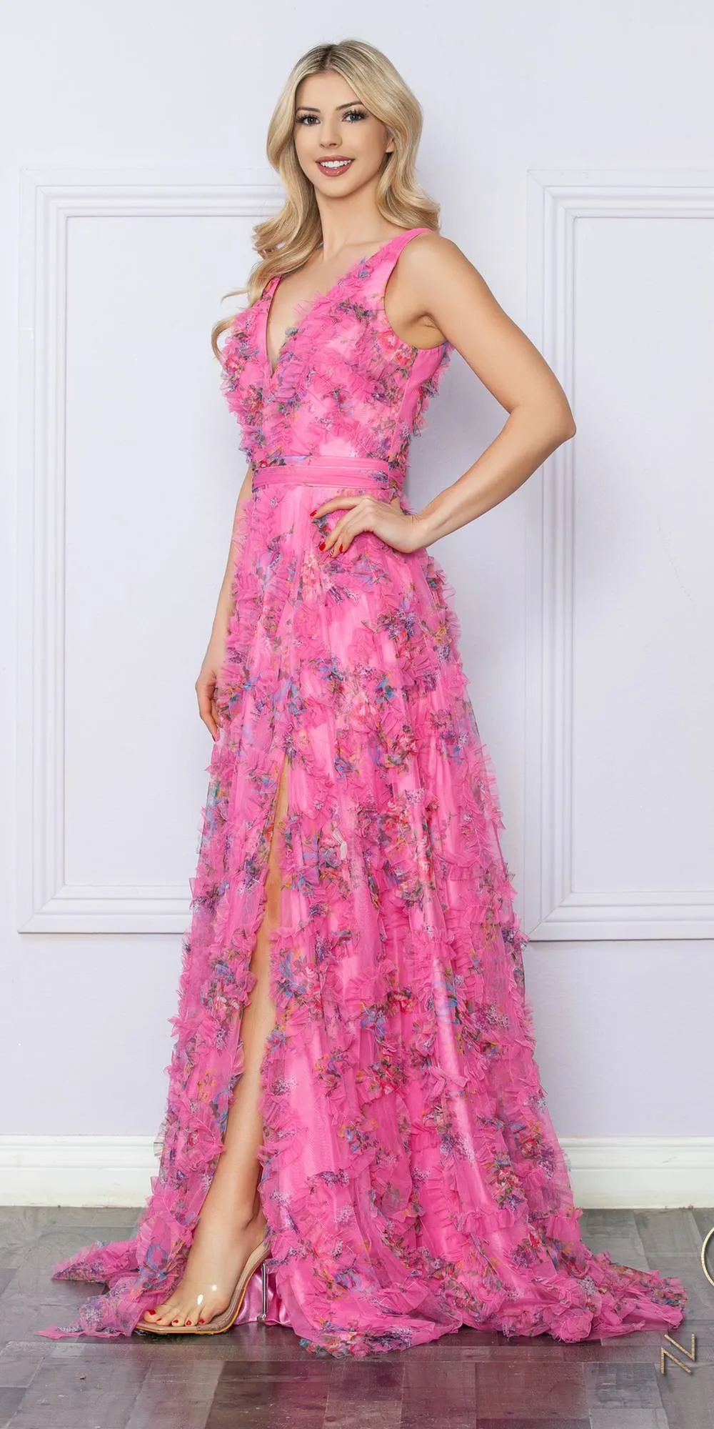 Nox Anabel E1445 Long A-Line V-Neck Floral Print Evening Gown