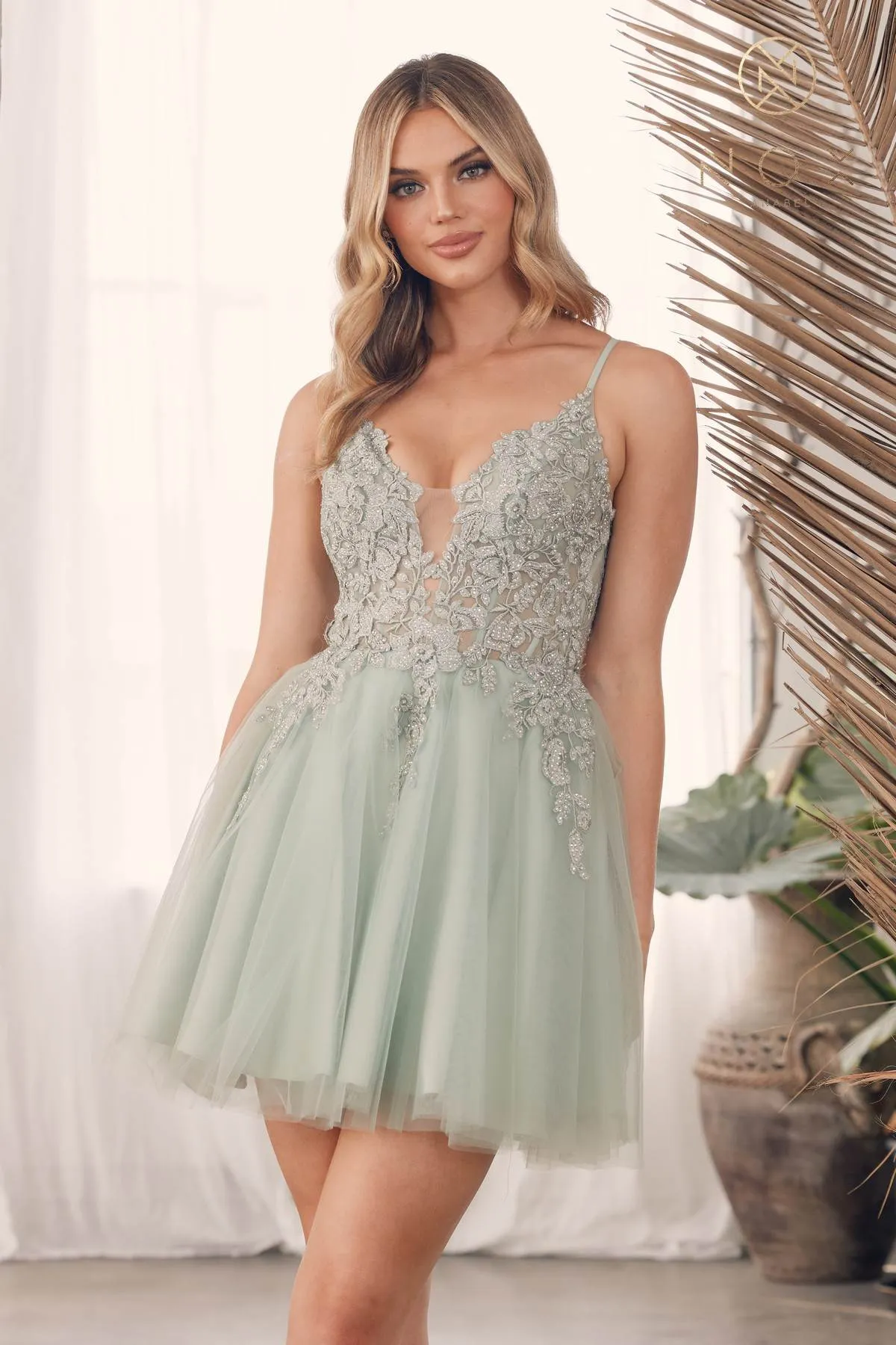Nox Anabel G785 Short A-Line Tulle Skirt Embroidered Bodice V-Neck Dress