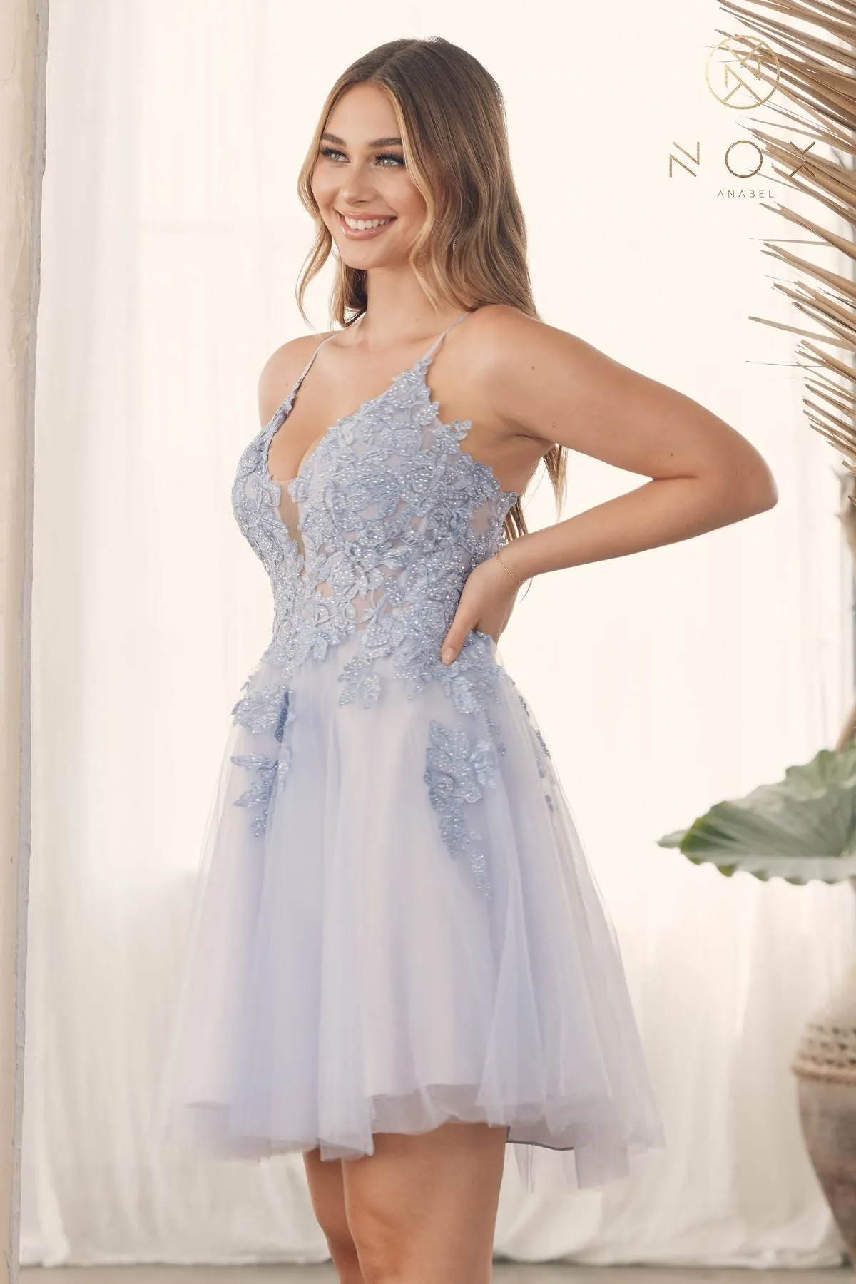 Nox Anabel G785 Short A-Line Tulle Skirt Embroidered Bodice V-Neck Dress