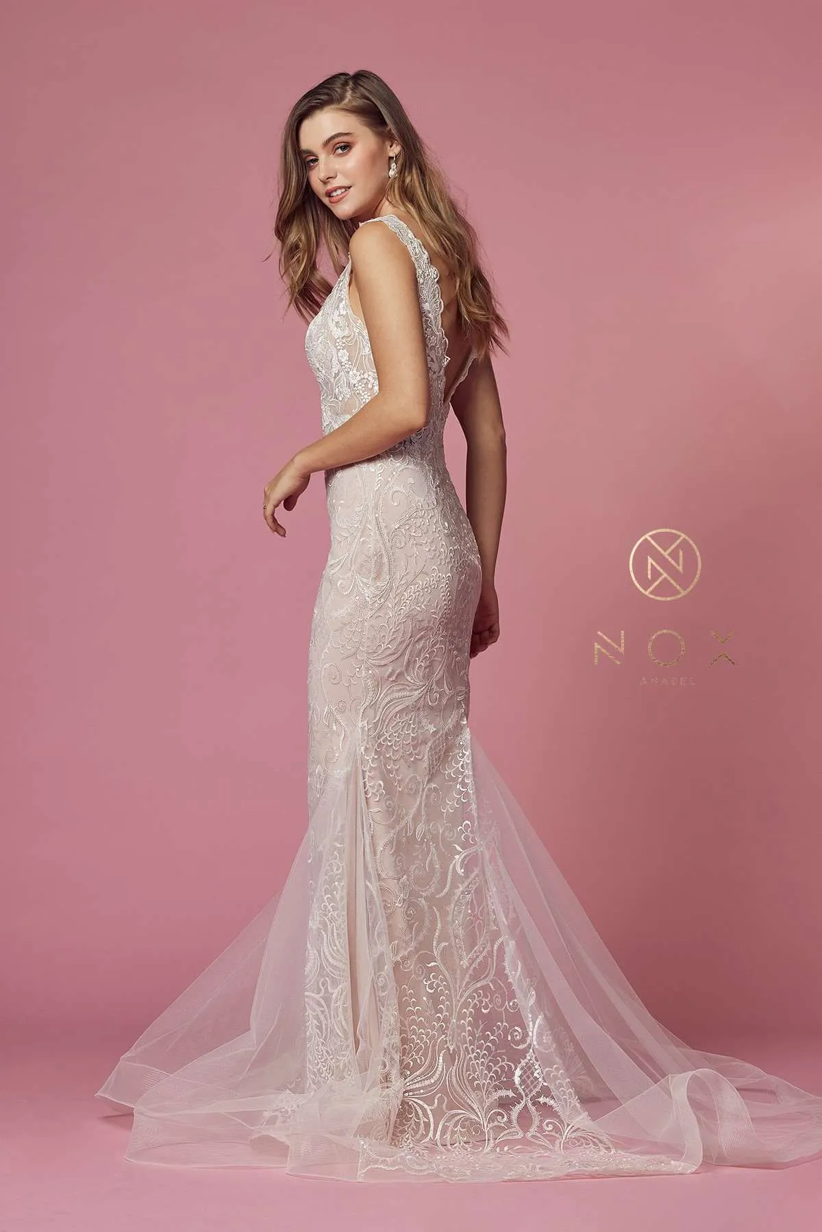 Nox Anabel JW909 Long V-Neck Fitted Mermaid Wedding Gown