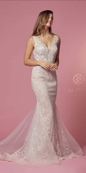 Nox Anabel JW909 Long V-Neck Fitted Mermaid Wedding Gown
