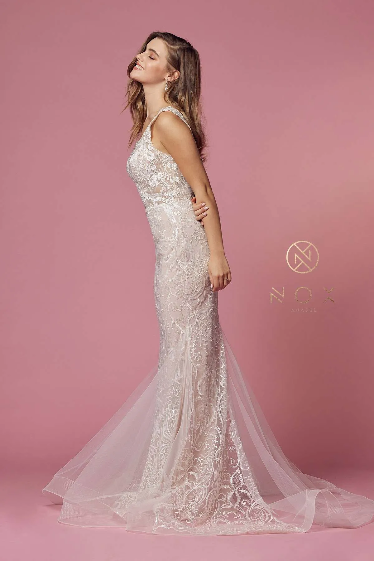 Nox Anabel JW909 Long V-Neck Fitted Mermaid Wedding Gown