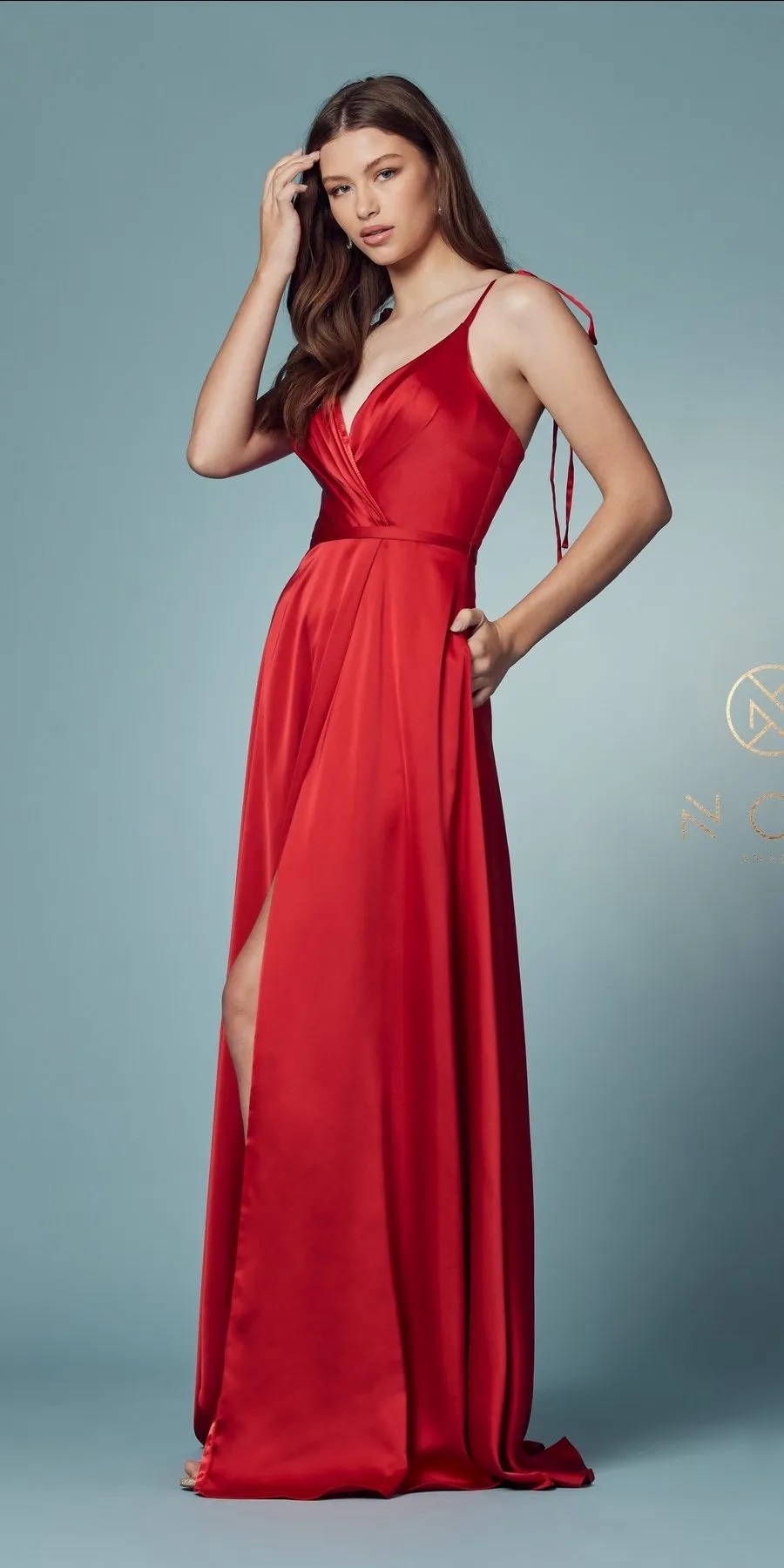 Nox Anabel R1029 Satin Floor Length Formal Dress with Slit