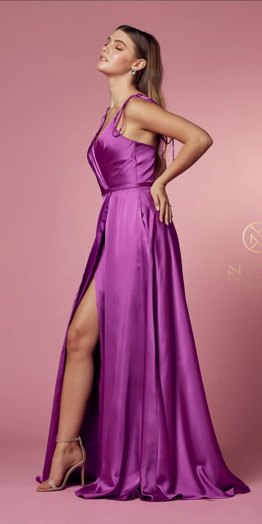 Nox Anabel R1029 Satin Floor Length Formal Dress with Slit